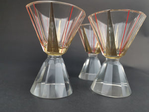 Vintage Shot Glasses Cut Crystal Glass Art Deco 1920's Original Set of 4 Clear with Red and Gold Painted Designs Hourglass Shaped
