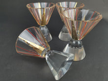 Load image into Gallery viewer, Vintage Shot Glasses Cut Crystal Glass Art Deco 1920&#39;s Original Set of 4 Clear with Red and Gold Painted Designs Hourglass Shaped
