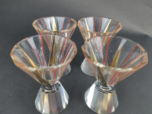 Vintage Shot Glasses Cut Crystal Glass Art Deco 1920's Original Set of 4 Clear with Red and Gold Painted Designs Hourglass Shaped