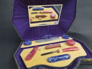 Vintage Art Deco Manicure Set in Original Faux Shagreen Fitted Case Box with Celluloid Nail Tools 1920's Original Velvet Lined