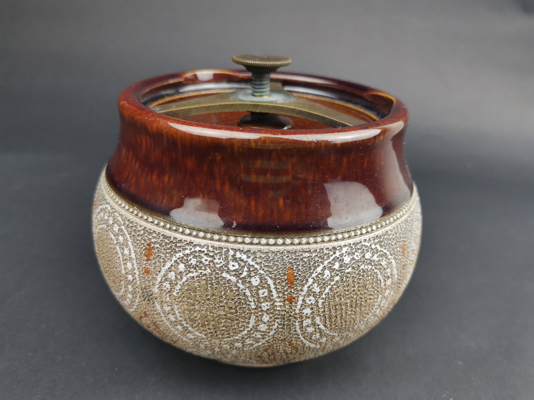 Antique Tobacco Jar Ceramic Pottery with Brass Lock Fitting on Top Made in England Early 1900's Original