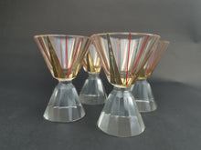 Load image into Gallery viewer, Vintage Shot Glasses Cut Crystal Glass Art Deco 1920&#39;s Original Set of 4 Clear with Red and Gold Painted Designs Hourglass Shaped
