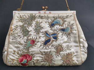 Vintage Top Handle Hand Bag Purse Kruckers Hand Made in England Embroidered Chinese Silk Gold Work with Original Booklet 1950's