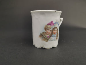 Antique Children's Tea Cup Mug with Boy and Girl Victorian Original Late 1800's Ceramic Bisque Porcelain