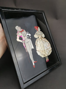 Vintage Foil Art Painting of Lady and Man in Original Frame Art Deco 1920's Reverse Painting Hand Painted Hand Made