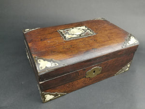 Antique Sewing Jewelry or Trinket Box Wood Brass Metal and Celluloid Victorian Original Late 1800's Lined with Green Silk