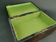 Load image into Gallery viewer, Antique Sewing Jewelry or Trinket Box Wood Brass Metal and Celluloid Victorian Original Late 1800&#39;s Lined with Green Silk
