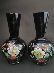 Antique Vases Pair Set of 2 Vases Purple Amethyst Glass with Hand Painted Birds Victorian Original  Late 1800's