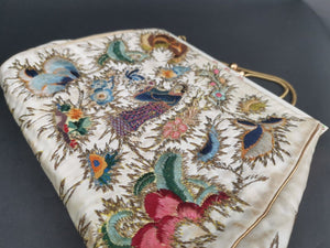 Vintage Top Handle Hand Bag Purse Kruckers Hand Made in England Embroidered Chinese Silk Gold Work with Original Booklet 1950's