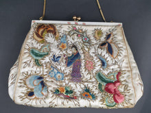 Load image into Gallery viewer, Vintage Top Handle Hand Bag Purse Kruckers Hand Made in England Embroidered Chinese Silk Gold Work with Original Booklet 1950&#39;s

