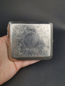 Vintage Silver Plated Metal Cigarette Case with Ornate Designs on Front and Back 1920's - 1930's Original