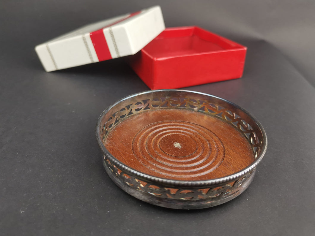 Vintage Wine Coaster Wood and Silver Plate in Original Presentation Box French Letang and Remy
