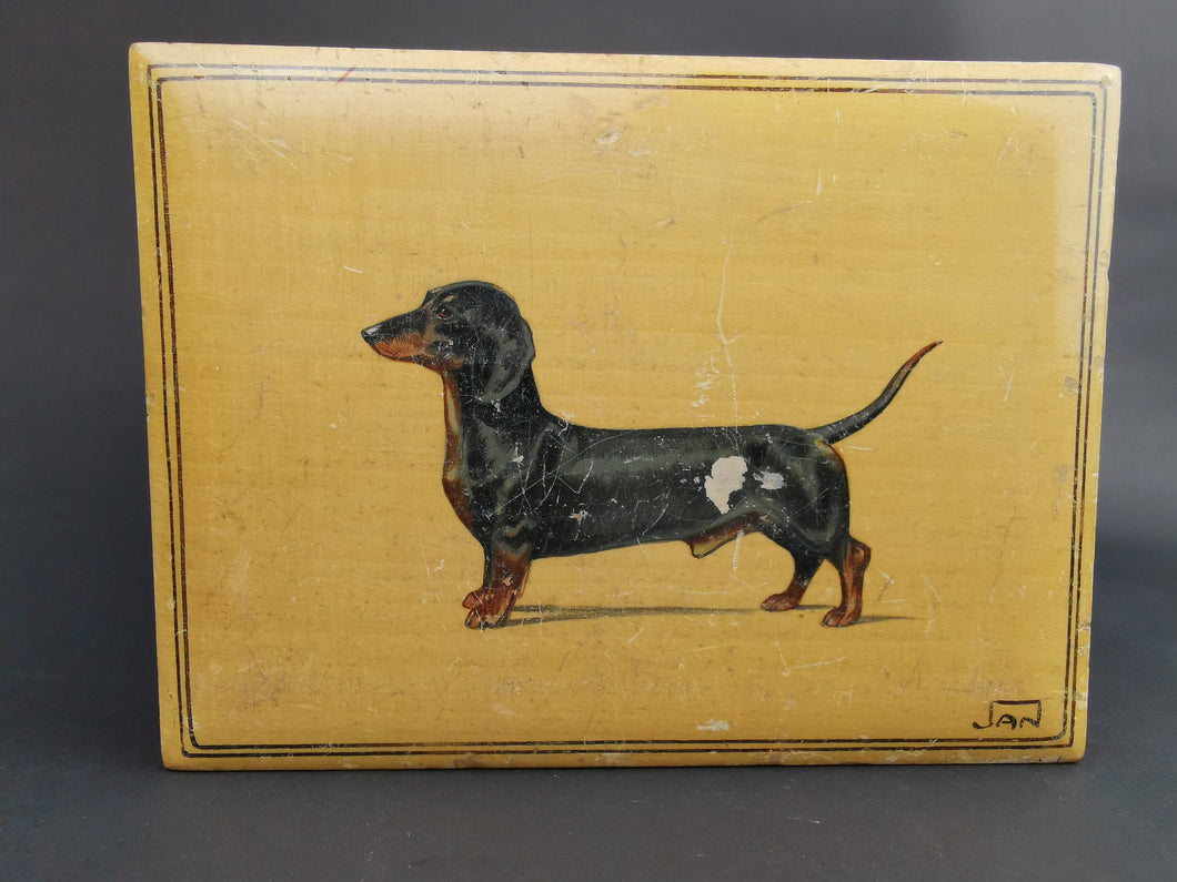 Vintage Art Deco Dachshund Dog Jewelry or Trinket Box Hand Painted Original Art 1920's - 1930's Signed by Artist Wood Wooden