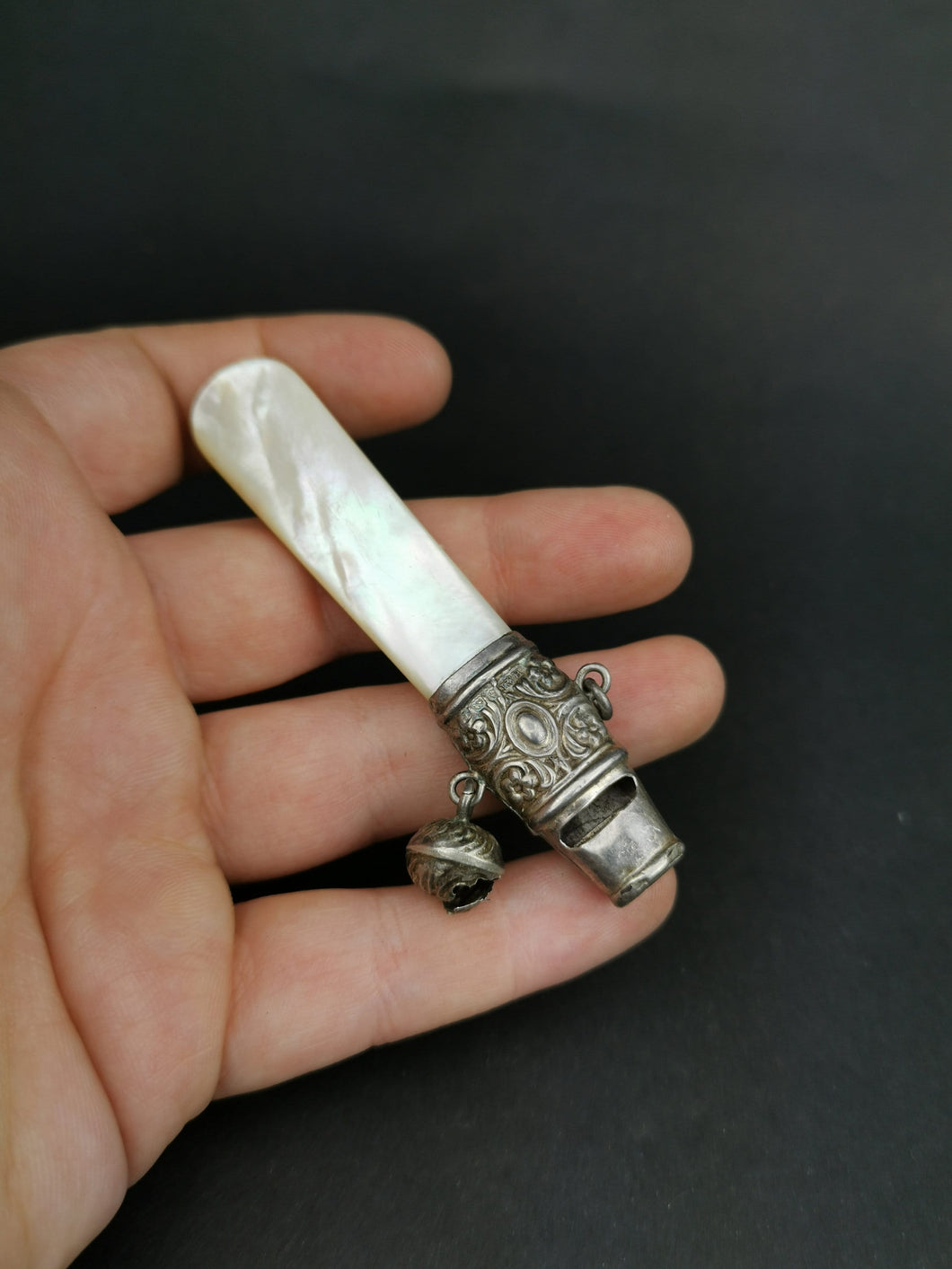 Antique Ladies Whistle Silver Metal and Mother of Pearl Shell Victorian Late 1800's Original