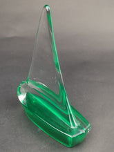 Load image into Gallery viewer, Vintage Glass Sailboat Figurine Sail Boat Model Nautical Art Deco Clear and Green Glass
