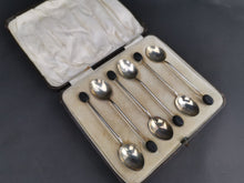 Load image into Gallery viewer, Vintage Teaspoons Set of 6 Demitasse Coffee Bean Spoons Sterling Silver and Guilloche Enamel in Original Fitted Presentation Case Art Deco
