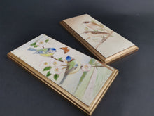 Load image into Gallery viewer, Vintage Miniature Birds Oil Paintings on Wood Pair Set of 2 Signed by Artist Blue Tits and Whin Chats 1965 Original
