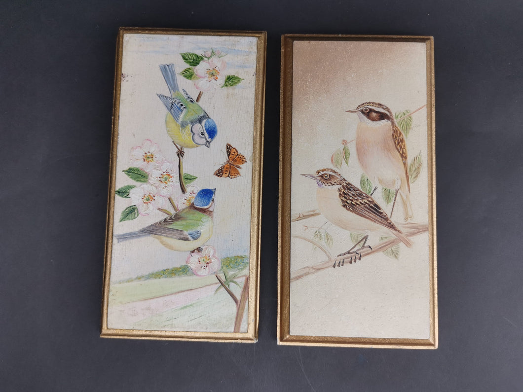 Vintage Miniature Birds Oil Paintings on Wood Pair Set of 2 Signed by Artist Blue Tits and Whin Chats 1965 Original