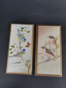 Vintage Miniature Birds Oil Paintings on Wood Pair Set of 2 Signed by Artist Blue Tits and Whin Chats 1965 Original