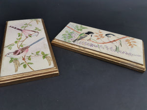 Vintage Miniature Birds Oil Paintings on Wood Pair Set of 2 Signed by Artist Long Tailed Tits and Coal Tits 1965 Original