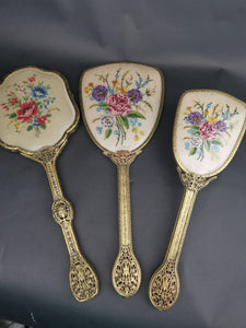 Vintage Vanity Hand Mirrors and Hair Brush Set of 3 with Floral Petite Point Flowers Embroidery Gold Filigree Metal and Beveled Glass 1930's