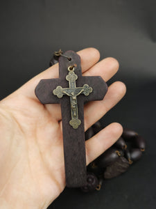 Vintage Rosary Beads French Large Wooden Prayer Beads Wood and Metal from Lourdes France