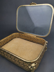 Vintage Jewelry or Trinket Display Box with See Through Glass Top Gold Metal Velvet Lined with Cherub Angels 1950's Original Mid Century