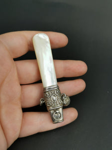 Antique Ladies Whistle Silver Metal and Mother of Pearl Shell Victorian Late 1800's Original