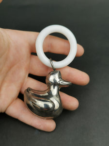 Vintage Duck Baby Rattle Silver Plated Metal and Plastic 1950's Mid Century Original Silverplated