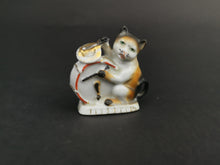 Load image into Gallery viewer, Antique Cat Playing the Drums Figurine Miniature Ceramic Bisque Porcelain Late 1800&#39;s Original Victorian
