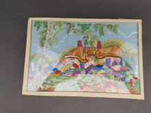 Load image into Gallery viewer, Vintage Embroidery of Spring Garden Landscape with Trees and Flowers and Cottage Completely Hand Embroidered Picture Framed 1940&#39;s Original
