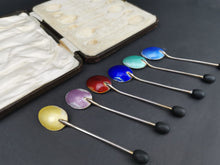 Load image into Gallery viewer, Vintage Teaspoons Set of 6 Demitasse Coffee Bean Spoons Sterling Silver and Guilloche Enamel in Original Fitted Presentation Case Art Deco
