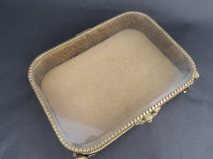 Vintage Jewelry or Trinket Display Box with See Through Glass Top Gold Metal Velvet Lined with Cherub Angels 1950's Original Mid Century