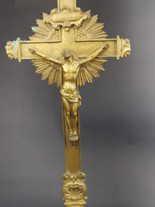 Antique Standing Crucifix Cross Church Altar Table Stand French Late 1800's Original Gold Cast Metal