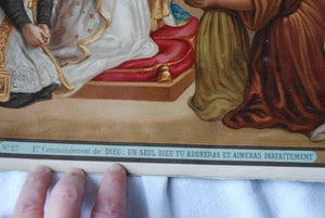 Antique French 1st First Commandment Religious Print on Paper and Canvas 1800's Original