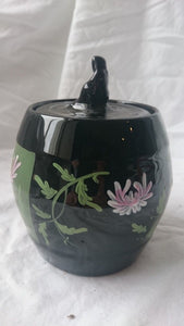 Antique Hand Painted Black Pottery Storage Jar with Lady Figure Top Handle  Early 1900's Ginger Pot
