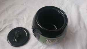Antique Hand Painted Black Pottery Storage Jar with Lady Figure Top Handle  Early 1900's Ginger Pot