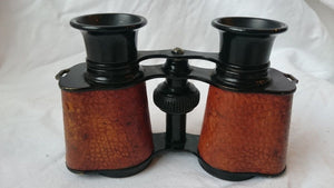 Vintage French Brown Leather and Black Metal Opera Glasses Binoculars 1920's
