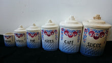 Load image into Gallery viewer, Vintage Art Deco French Kitchen Storage Container Jars with Cherries Set of 6 White Blue Red Black Ceramic Pottery 1920&#39;s - 1930&#39;s Original
