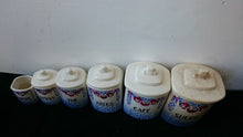 Load image into Gallery viewer, Vintage Art Deco French Kitchen Storage Container Jars with Cherries Set of 6 White Blue Red Black Ceramic Pottery 1920&#39;s - 1930&#39;s Original
