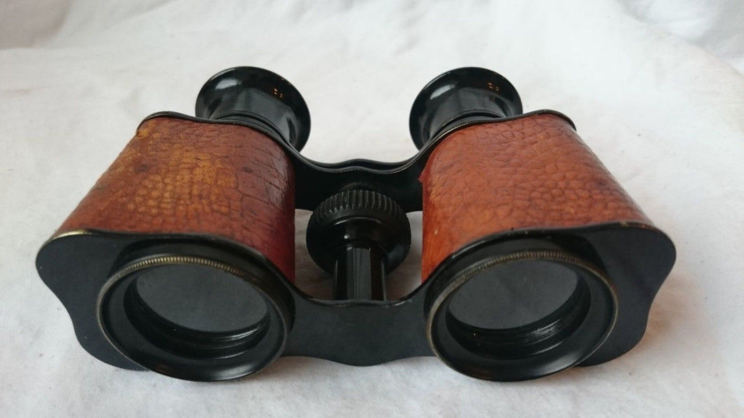 Vintage French Brown Leather and Black Metal Opera Glasses Binoculars 1920's