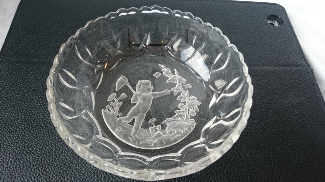 Vintage French Intaglio Glass Candy Bowl of Child Catching Butterflies 1930's Bacarat