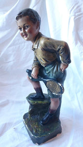 Vintage Tennis Player Boy Chalkware Figurine Sculpture Statue 1930's
